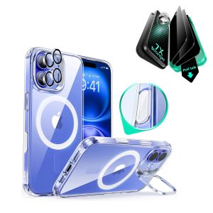 iPhone 16 Plus Classic Hybrid Magnetic Case (Camera Control. Stash Stand) & Privacy Screen Protector Bundle - Clear