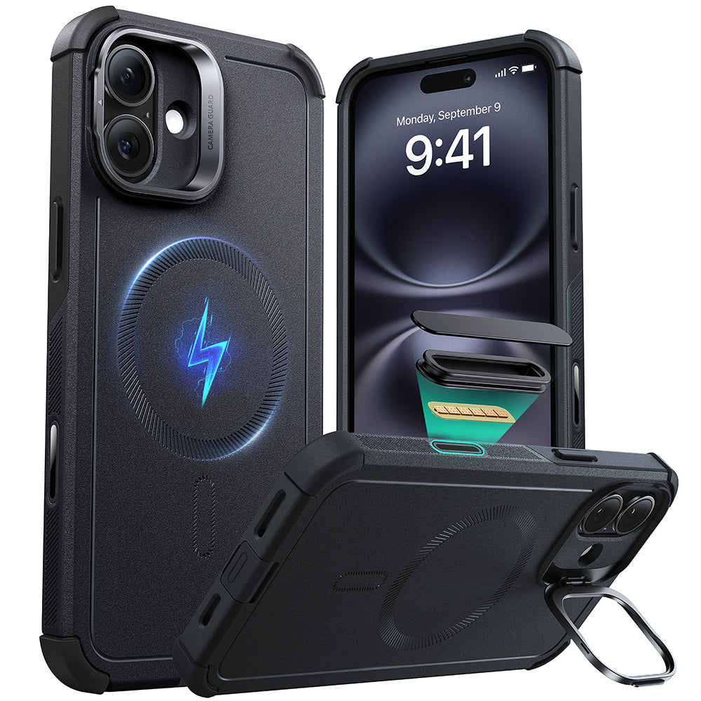 iPhone 16 Plus Cyber Tough Magnetic Case (Camera Control. Stash Stand) - Black