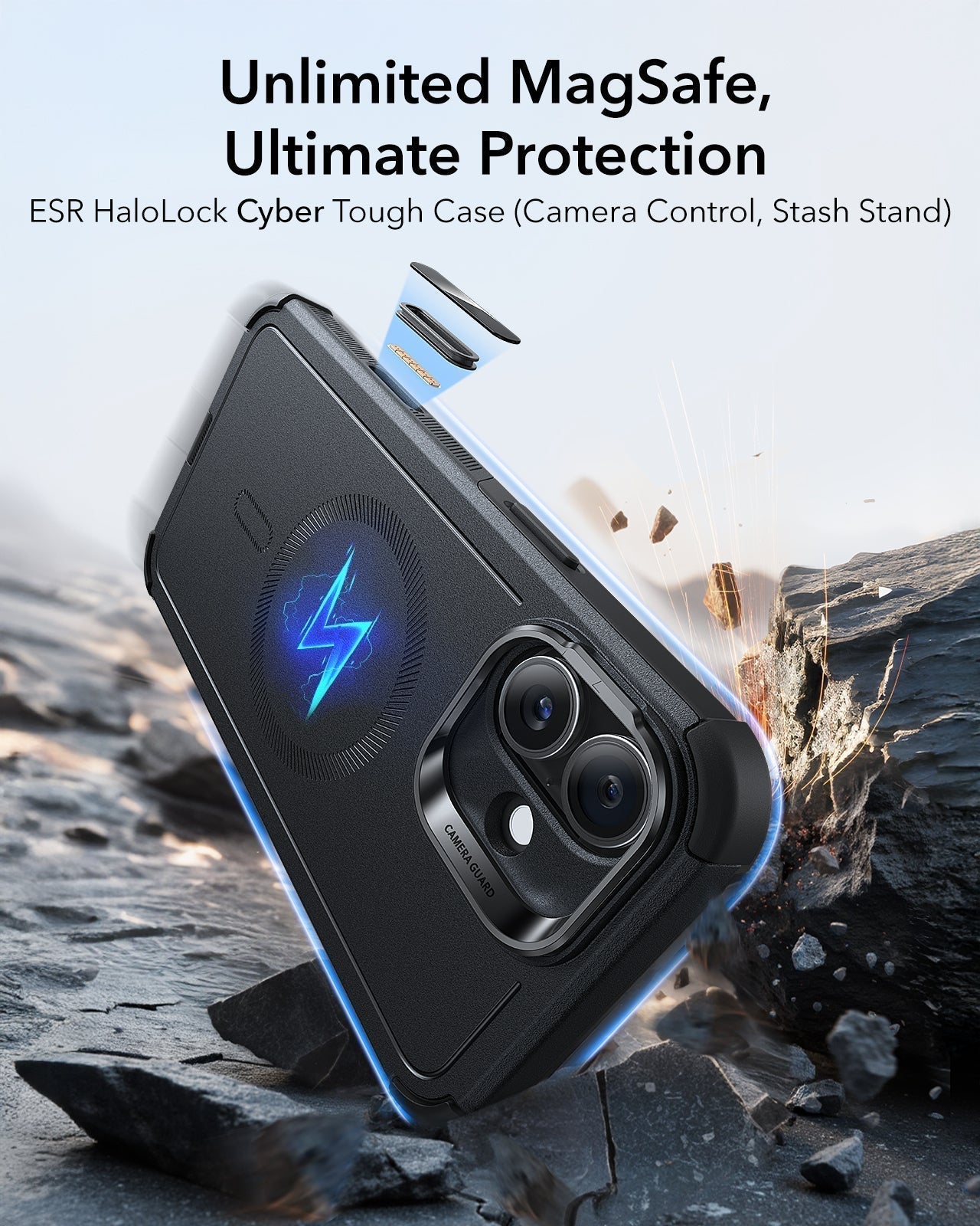 iPhone 16 Plus Cyber Tough Magnetic Case Privacy Protection Bundle (Camera Control. Stash Stand) - Black - Image 3