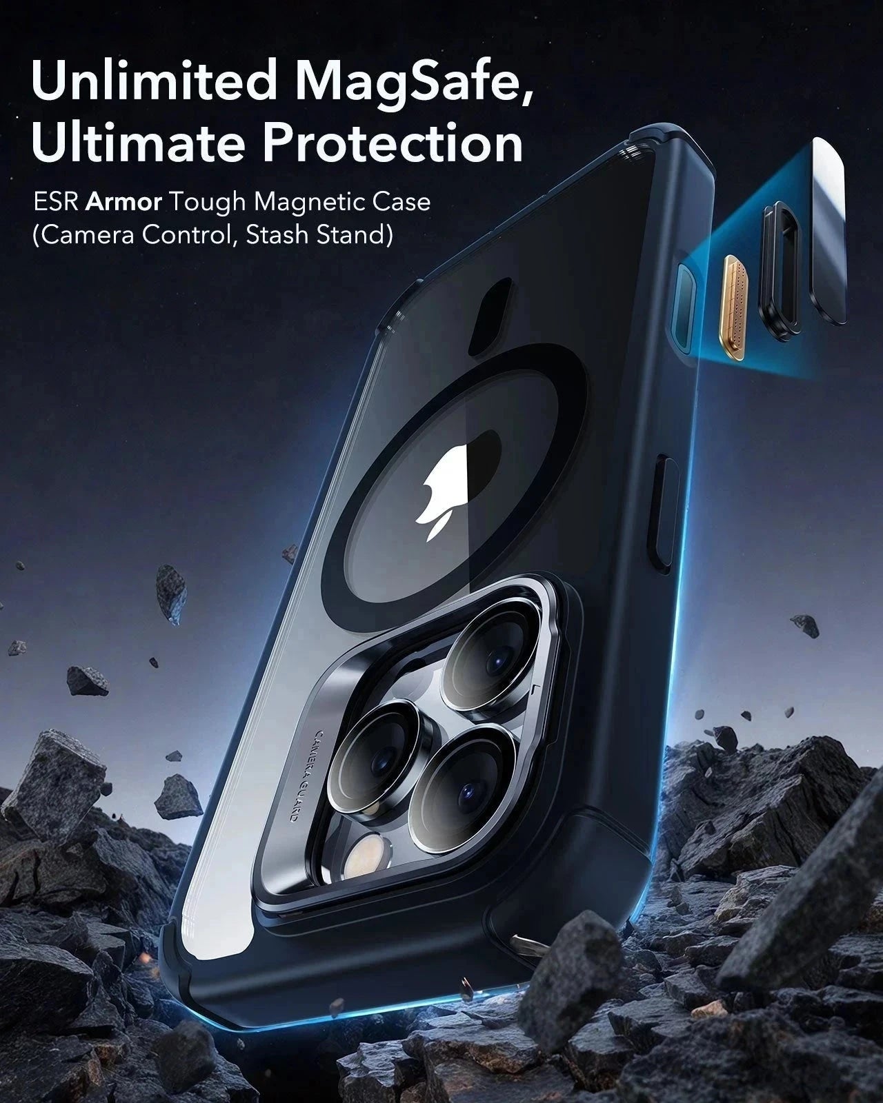iPhone 16 Pro Armor Tough Magnetic Case (Camera Control. Stash Stand) - Clear Black - Image 2
