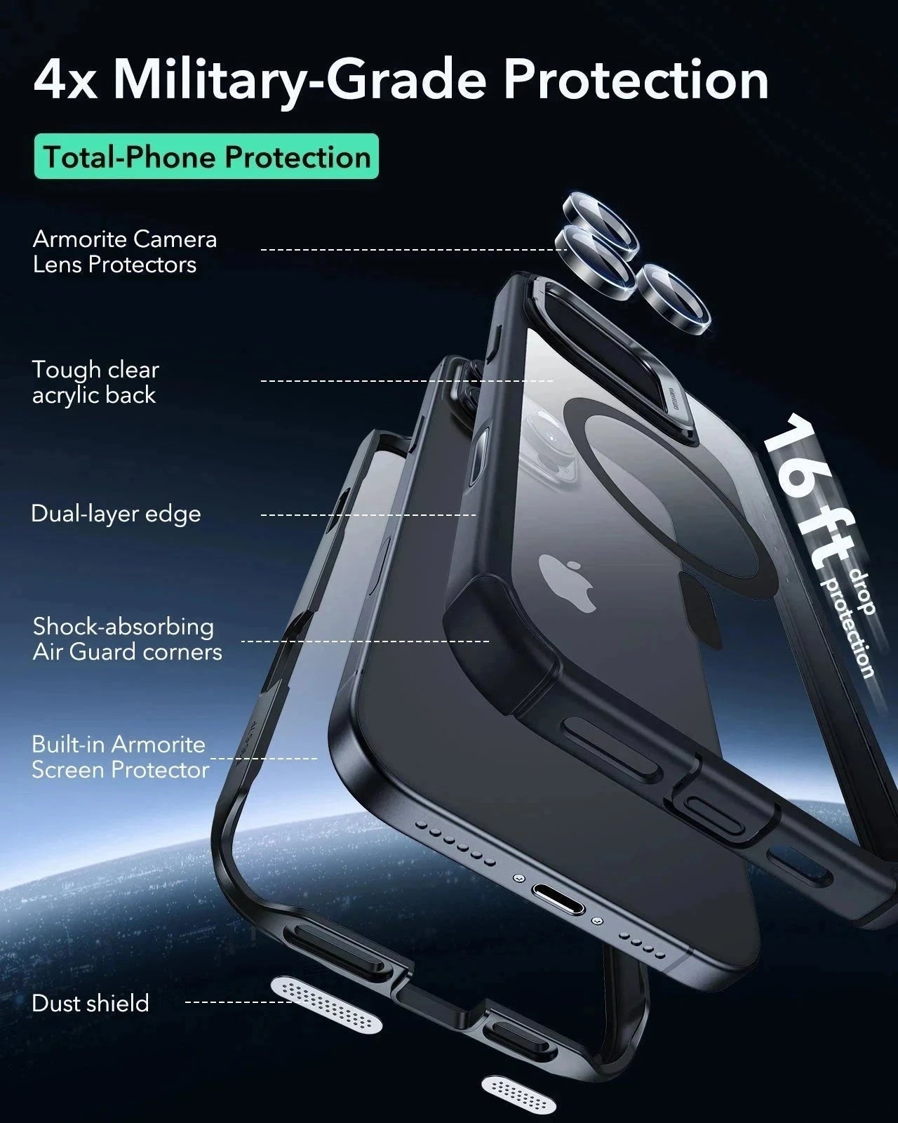 iPhone 16 Pro Armor Tough Magnetic Case (Camera Control. Stash Stand) - Clear Black - Image 5