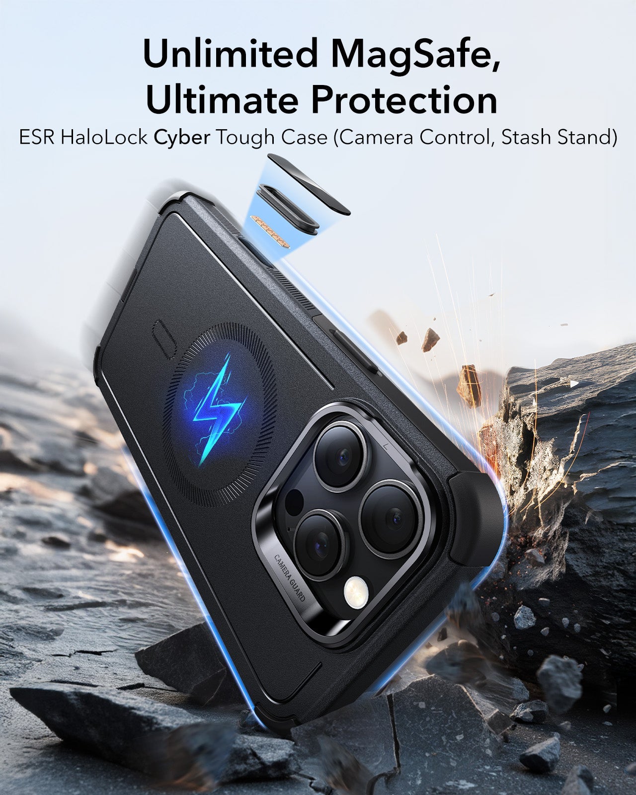 iPhone 16 Pro Cyber Tough Magnetic Case (Camera Control. Stash Stand) - Black - Image 2