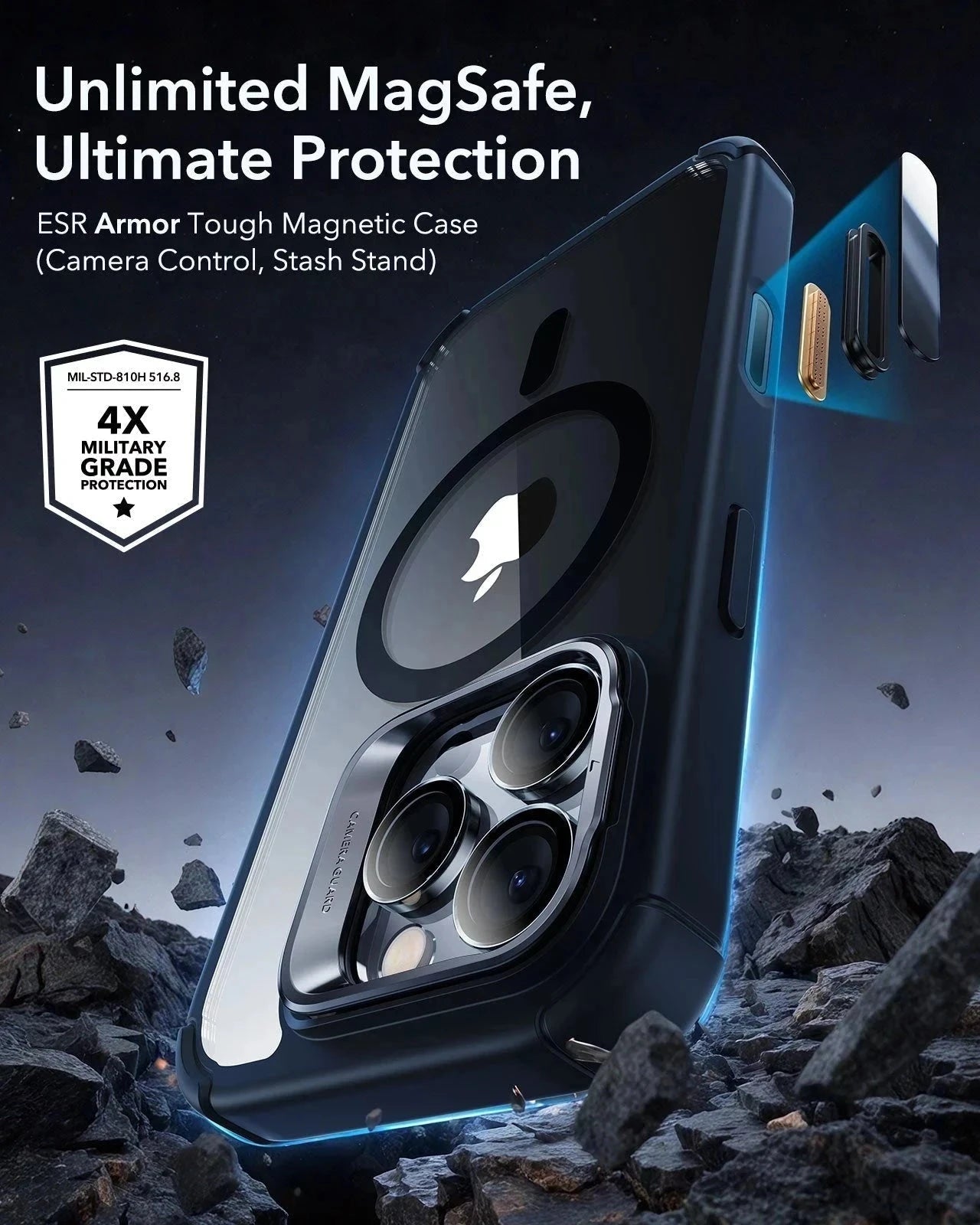 iPhone 16 Pro Max Armor Tough Magnetic Case (Camera Control. Stash Stand) - Clear Black - Image 2