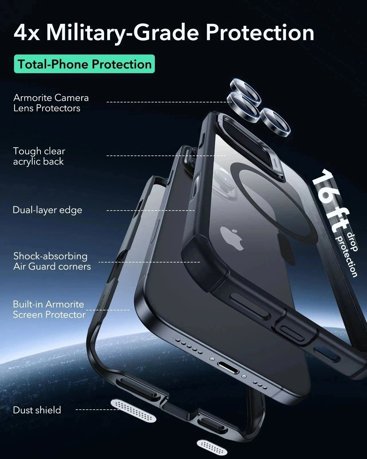 iPhone 16 Pro Max Armor Tough Magnetic Case (Camera Control. Stash Stand) - Clear Black - Image 5